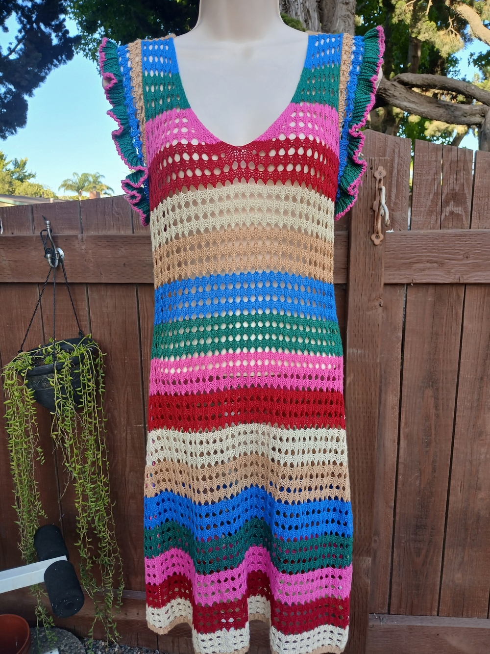 Ailaoyou Rainbow Stripe Crochet Knit Beach Swim Coverup Dress – One Size